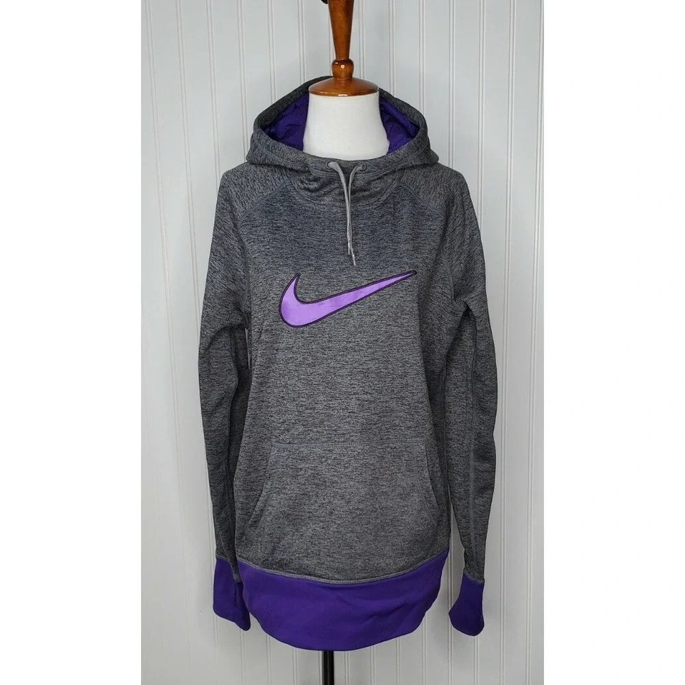 Nike Therma Fit Women's Size Large Pullover Hoodie w/Thumbholes Gray & Purple